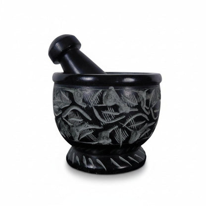Handmade Black Soapstone Mortar & Pestle 3" - Carved Ritual Grinder - New
