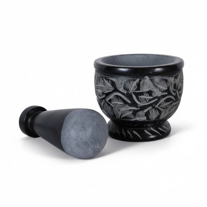 Handmade Black Soapstone Mortar & Pestle 3" - Carved Ritual Grinder - New