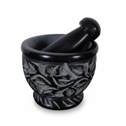 Handmade Black Soapstone Mortar & Pestle 3" - Carved Ritual Grinder - New
