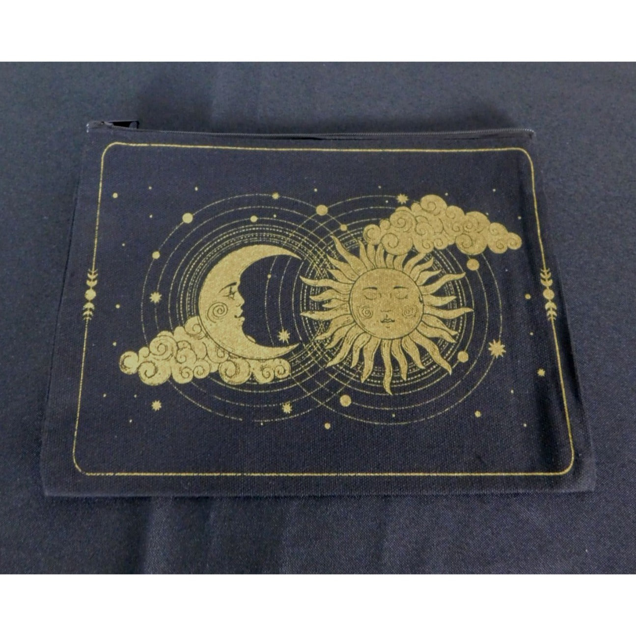 Zippered Black Canvas Pouch With Sun & Moon Design 9" X 7"