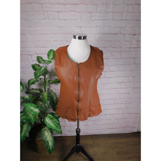 E Style VTG Womens Leather Sleeveless Zip-Up Vest XL Brown