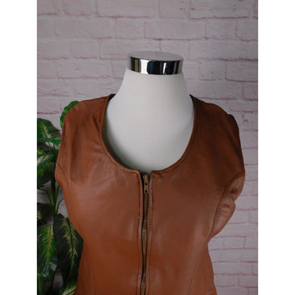E Style VTG Womens Leather Sleeveless Zip-Up Vest XL Brown