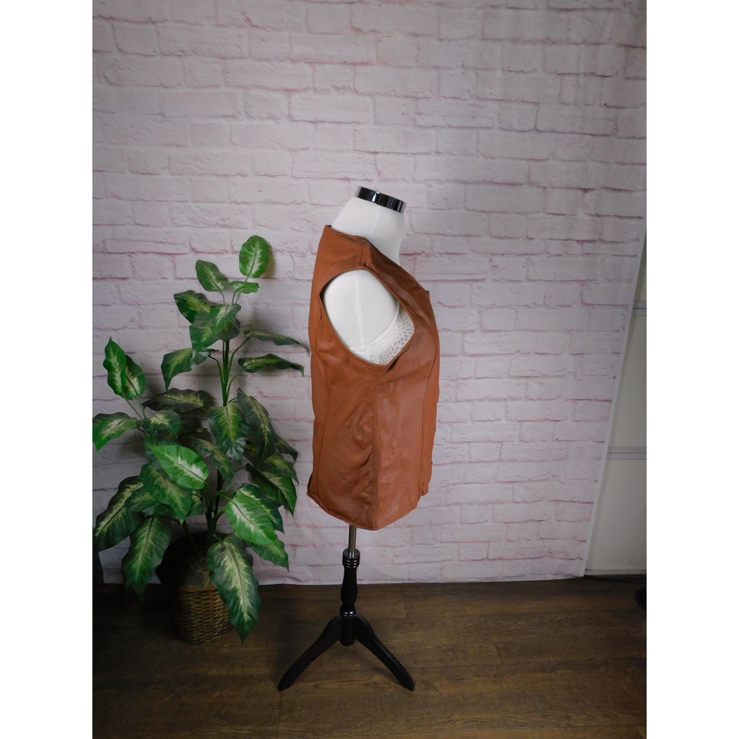 E Style VTG Womens Leather Sleeveless Zip-Up Vest XL Brown