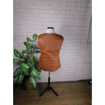 E Style VTG Womens Leather Sleeveless Zip-Up Vest XL Brown