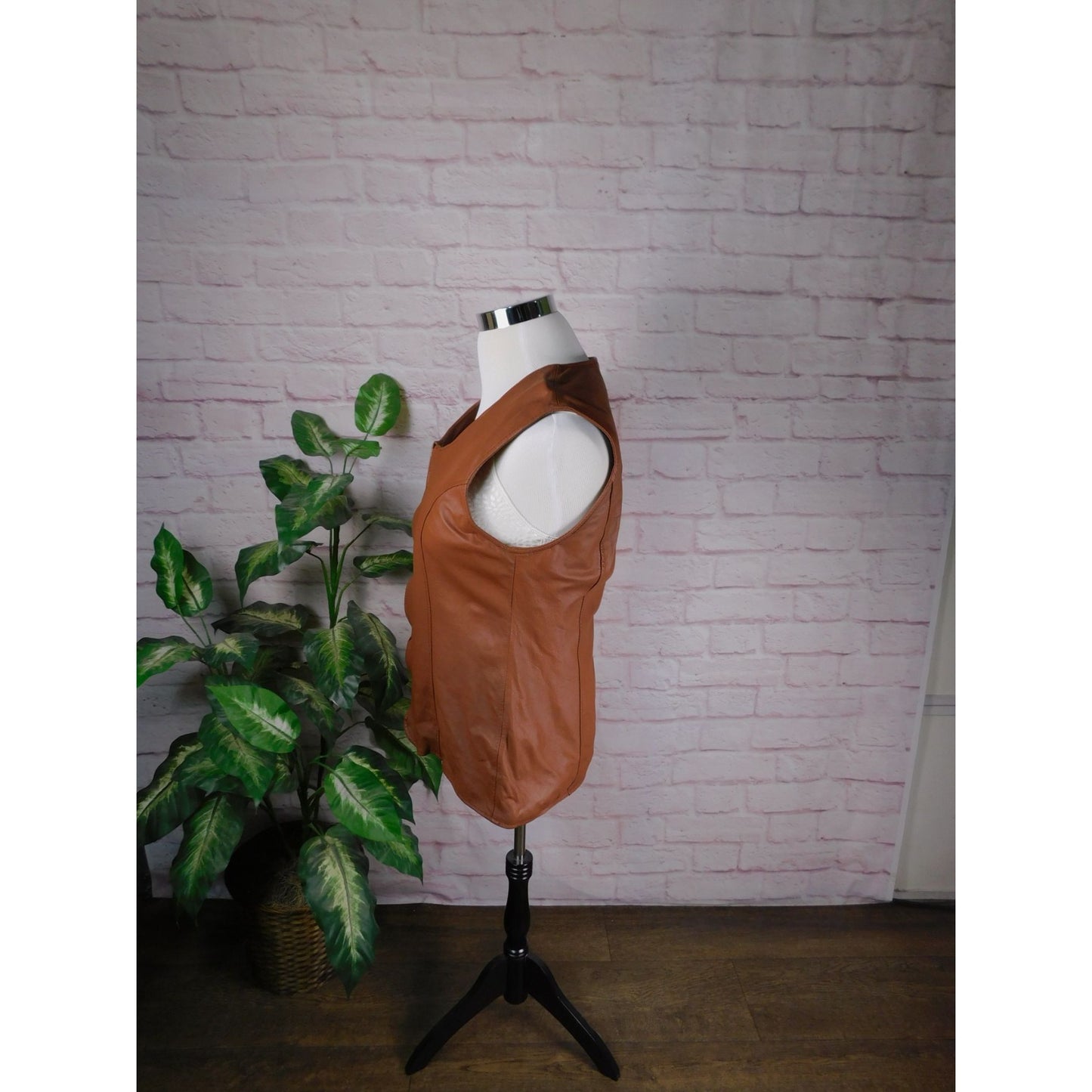 E Style VTG Womens Leather Sleeveless Zip-Up Vest XL Brown