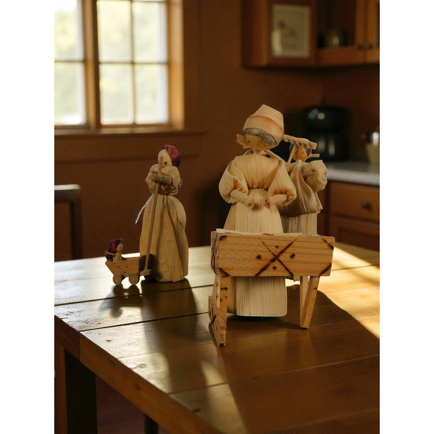 Corn Husk Pioneer Family Doll Set 5" Cradle Cart Folk