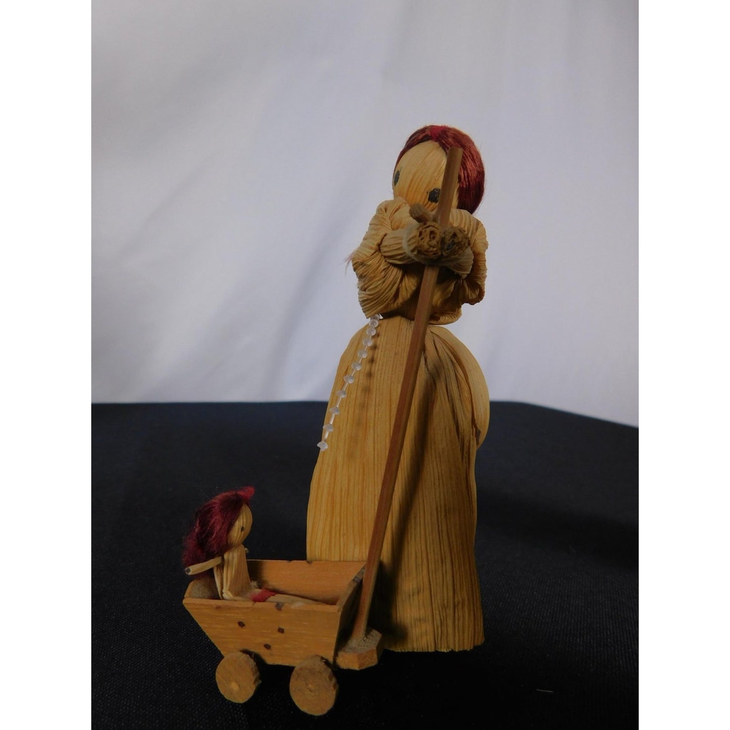 Corn Husk Pioneer Family Doll Set 5" Cradle Cart Folk