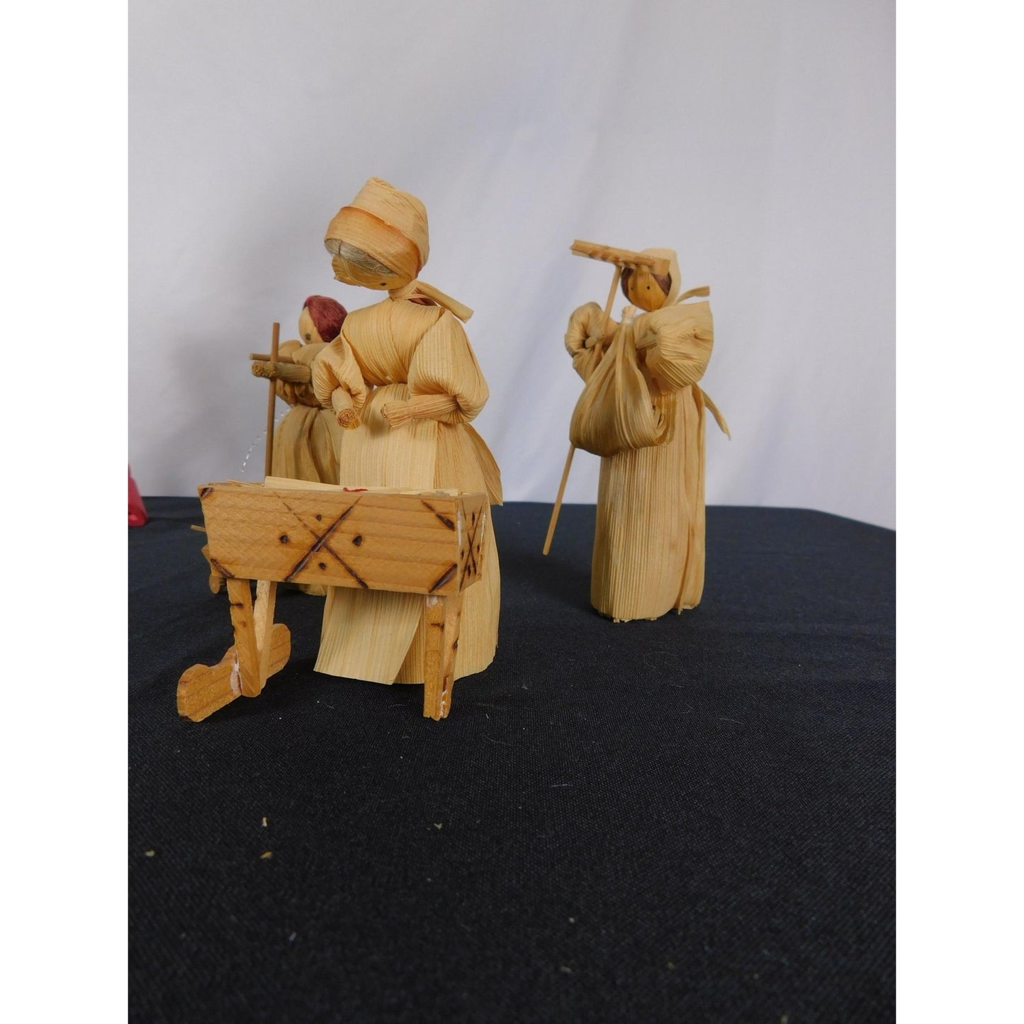 Corn Husk Pioneer Family Doll Set 5" Cradle Cart Folk