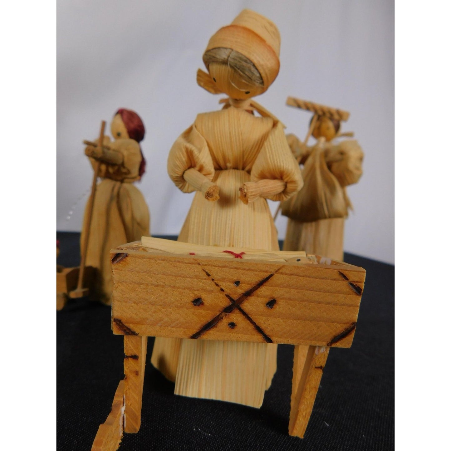 Corn Husk Pioneer Family Doll Set 5" Cradle Cart Folk