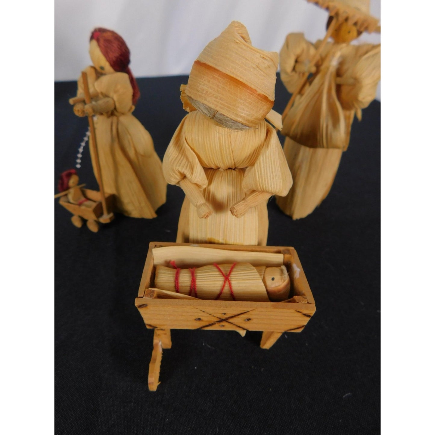Corn Husk Pioneer Family Doll Set 5" Cradle Cart Folk