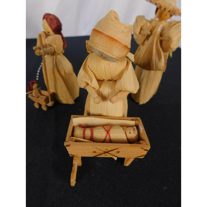 Corn Husk Pioneer Family Doll Set 5" Cradle Cart Folk