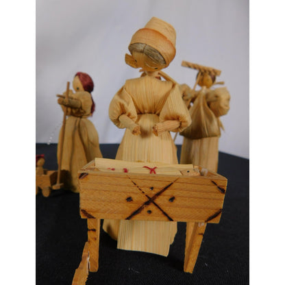 Corn Husk Pioneer Family Doll Set 5" Cradle Cart Folk