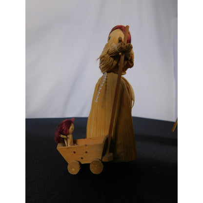 Corn Husk Pioneer Family Doll Set 5" Cradle Cart Folk