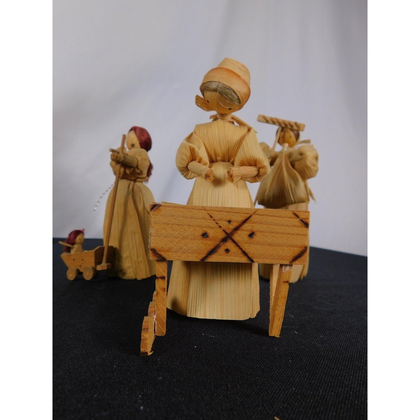 Corn Husk Pioneer Family Doll Set 5" Cradle Cart Folk