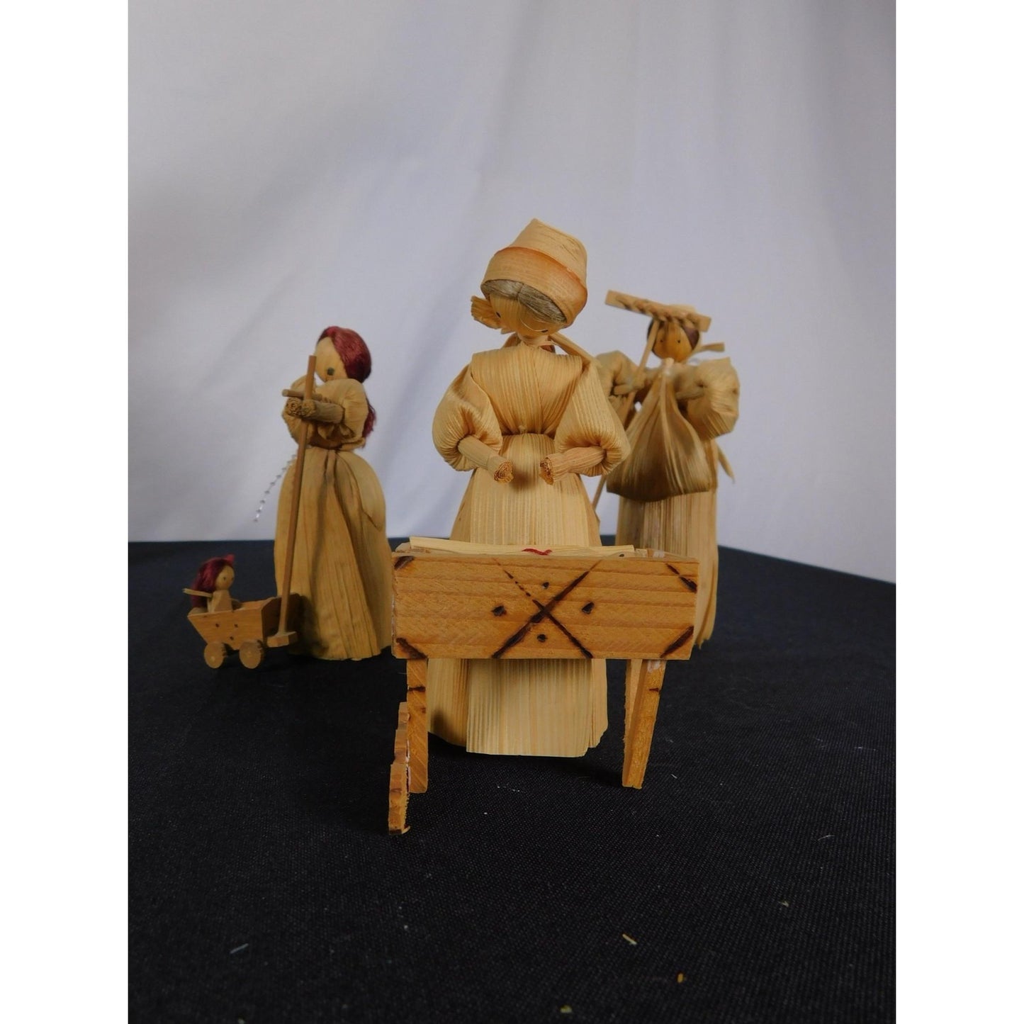 Corn Husk Pioneer Family Doll Set 5" Cradle Cart Folk
