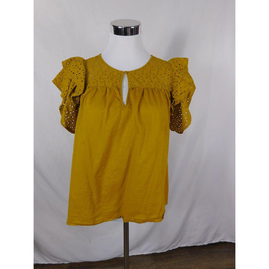 A New Day Mustard Eyelet Ruffle Sleeve Top Boho Witch M