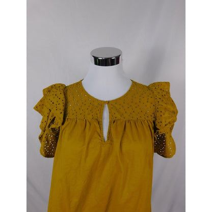 A New Day Mustard Eyelet Ruffle Sleeve Top Boho Witch M