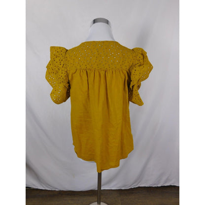 A New Day Mustard Eyelet Ruffle Sleeve Top Boho Witch M