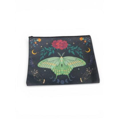 Moth Moon Phases Cosmetic Bag Black Zip Pouch Makeup Witchy Celestial Art Travel