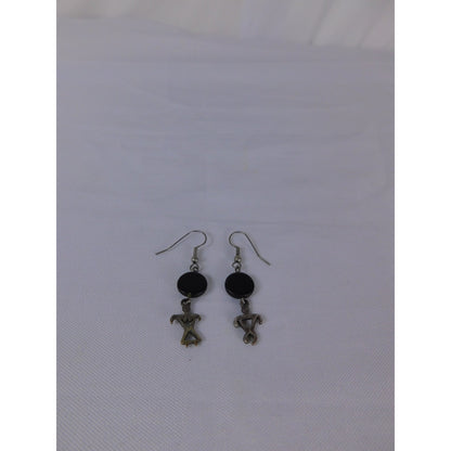 Vintage Tribal Figure Dangle Earrings Black Bead Artisan Boho Jewelry Women
