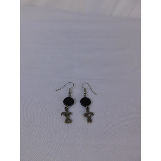 Vintage Tribal Figure Dangle Earrings Black Bead Artisan Boho Jewelry Women