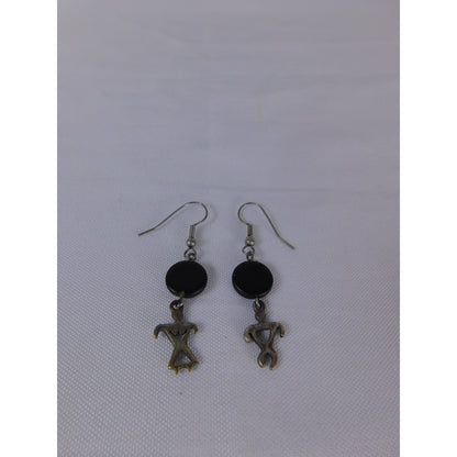 Vintage Tribal Figure Dangle Earrings Black Bead Artisan Boho Jewelry Women