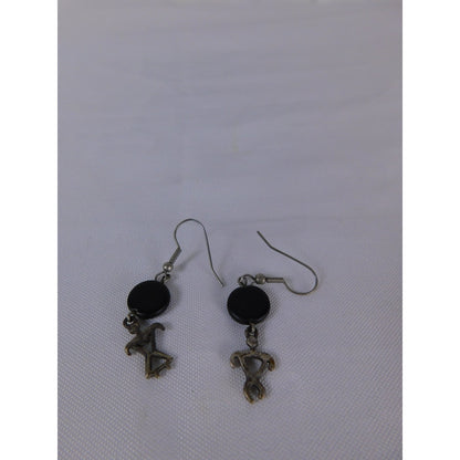 Vintage Tribal Figure Dangle Earrings Black Bead Artisan Boho Jewelry Women