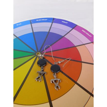 Vintage Tribal Figure Dangle Earrings Black Bead Artisan Boho Jewelry Women