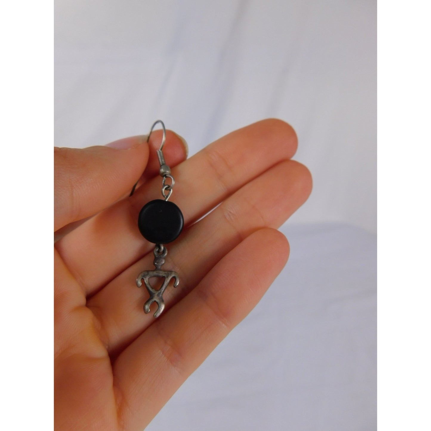 Vintage Tribal Figure Dangle Earrings Black Bead Artisan Boho Jewelry Women