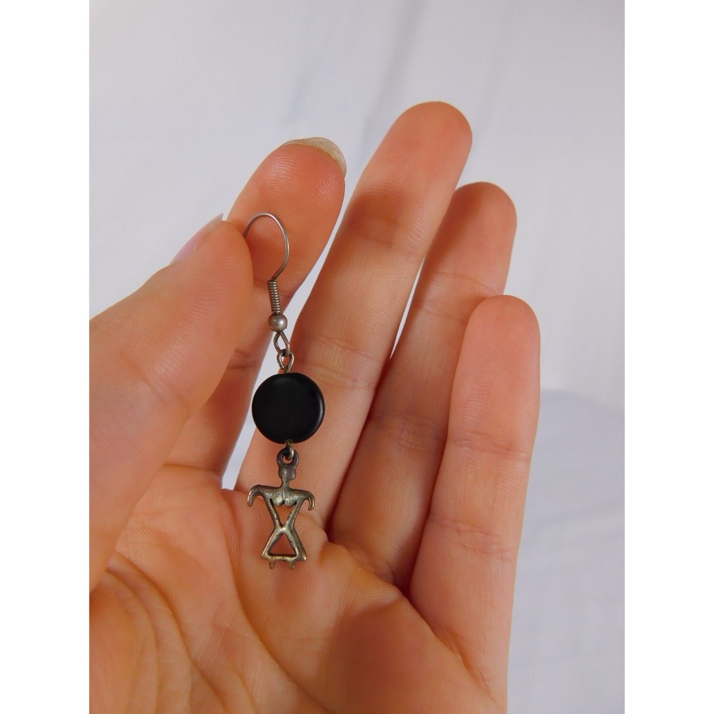 Vintage Tribal Figure Dangle Earrings Black Bead Artisan Boho Jewelry Women