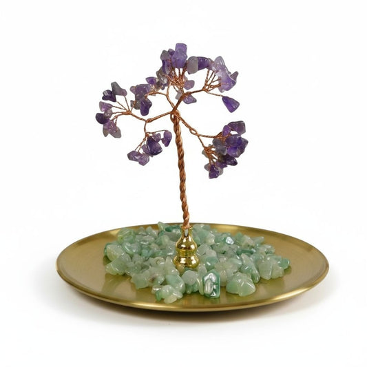 Amethyst Crystal Bonsai Tree Incense Holder On Gold Base With Aventurine Stones 5.5"