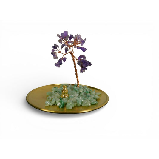 Amethyst Crystal Bonsai Tree Incense Holder On Gold Base With Aventurine Stones 5.5"