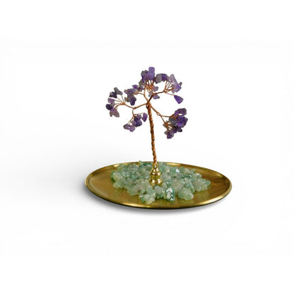 Amethyst Crystal Bonsai Tree Incense Holder On Gold Base With Aventurine Stones 5.5"