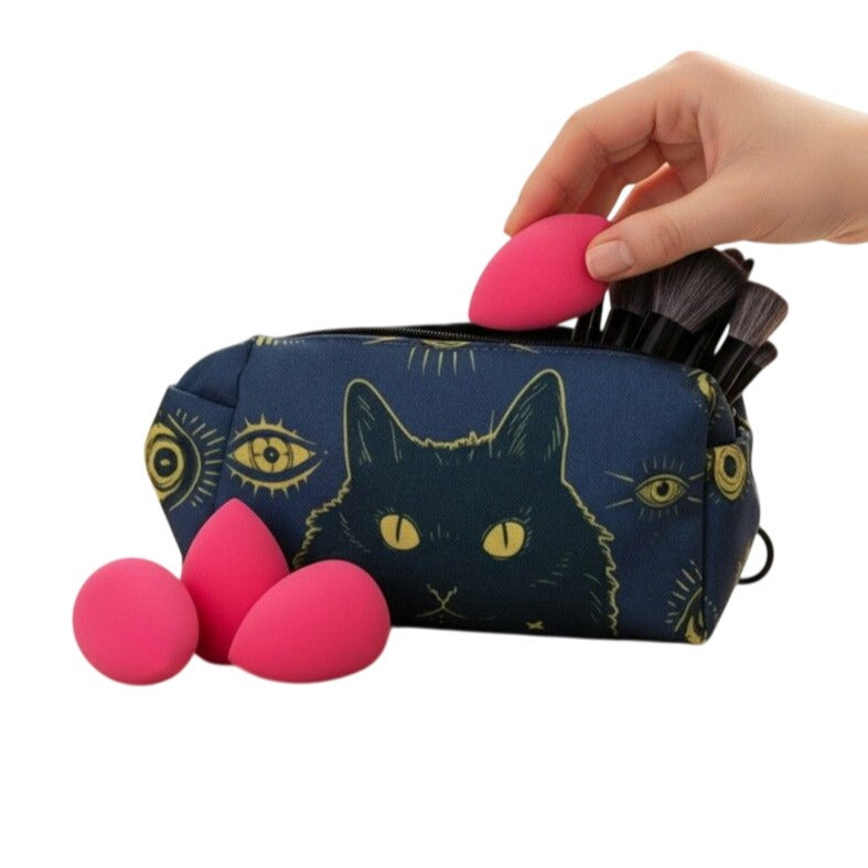 Cat & Eye Print Makeup Bag With Zipper Closure Compact Storage For Brushes & Sponges