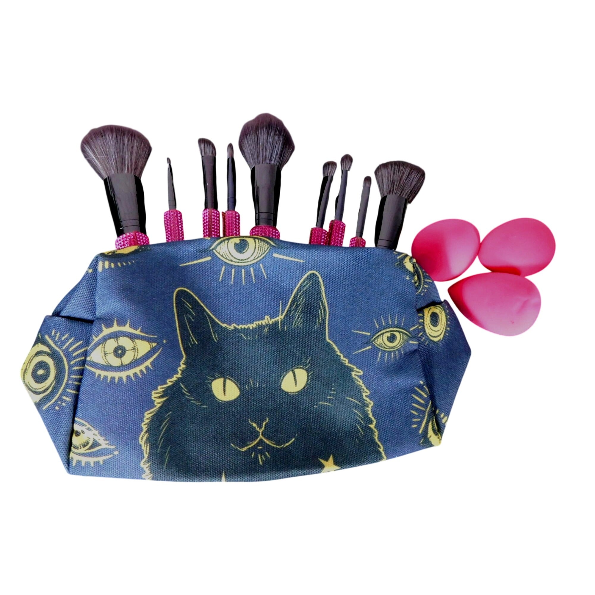 Cat & Eye Print Makeup Bag With Zipper Closure Compact Storage For Brushes & Sponges