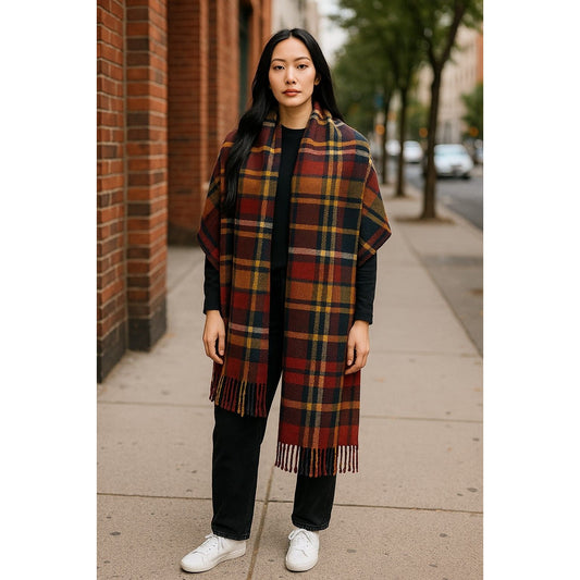 Red Blue Plaid Fringed Scarf 55" - Acrylic Blanket Wrap - Excellent