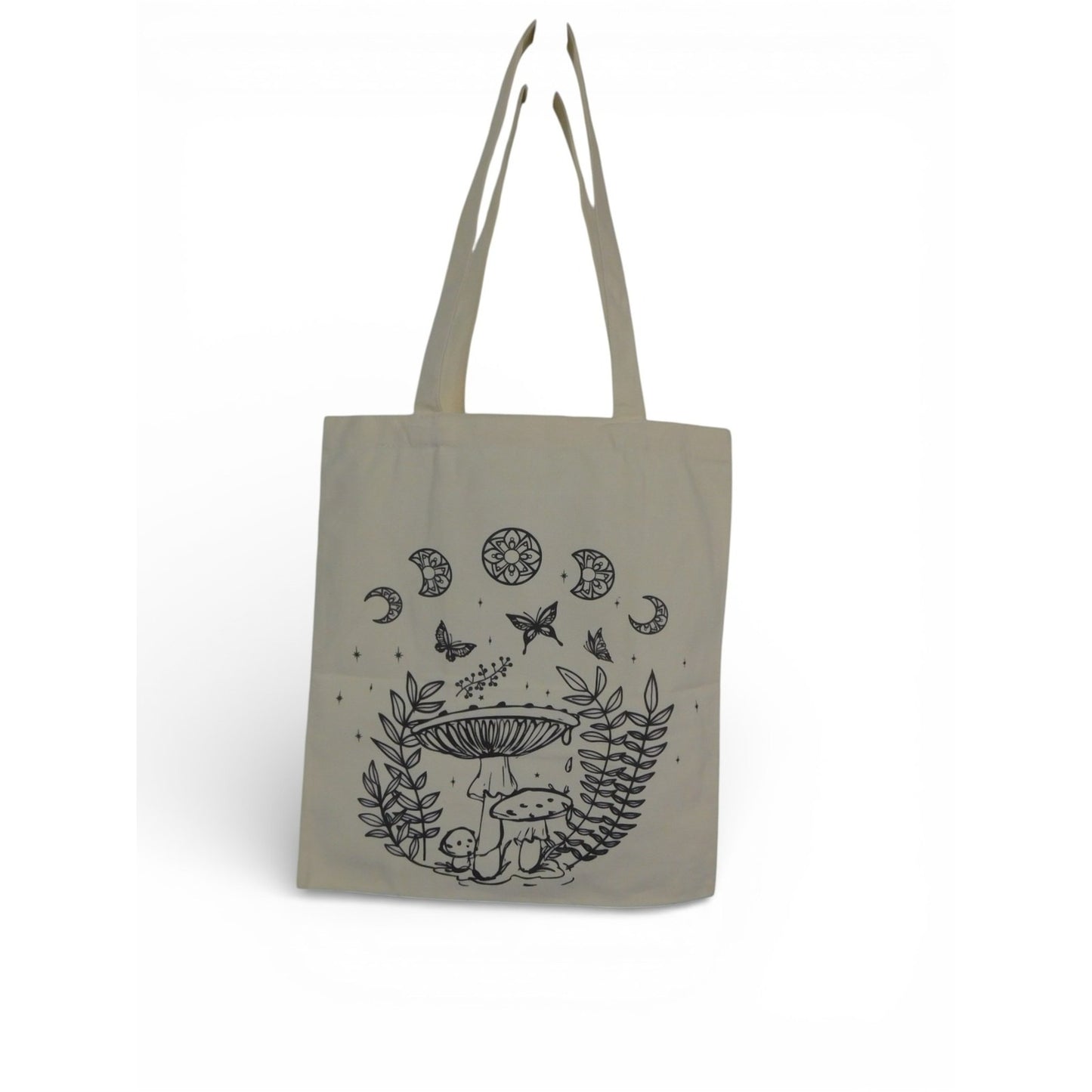 Tote Bag Medium Beige Canvas Mushroom Moon Butterfly Celestial Print Nature