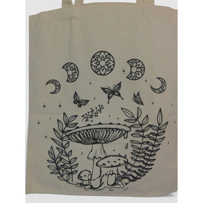 Tote Bag Medium Beige Canvas Mushroom Moon Butterfly Celestial Print Nature