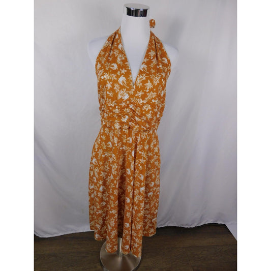 Huhot Dress Womens Large Orange White Halter Tie Back Floral Palm Print Midi