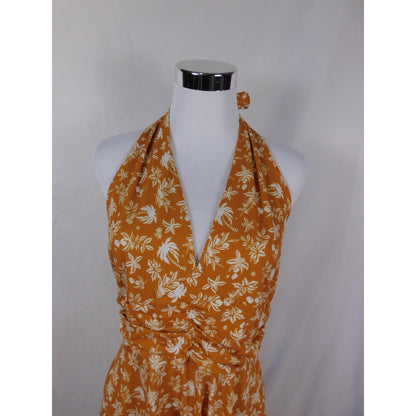 Huhot Dress Womens Large Orange White Halter Tie Back Floral Palm Print Midi