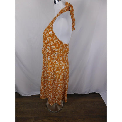 Huhot Dress Womens Large Orange White Halter Tie Back Floral Palm Print Midi