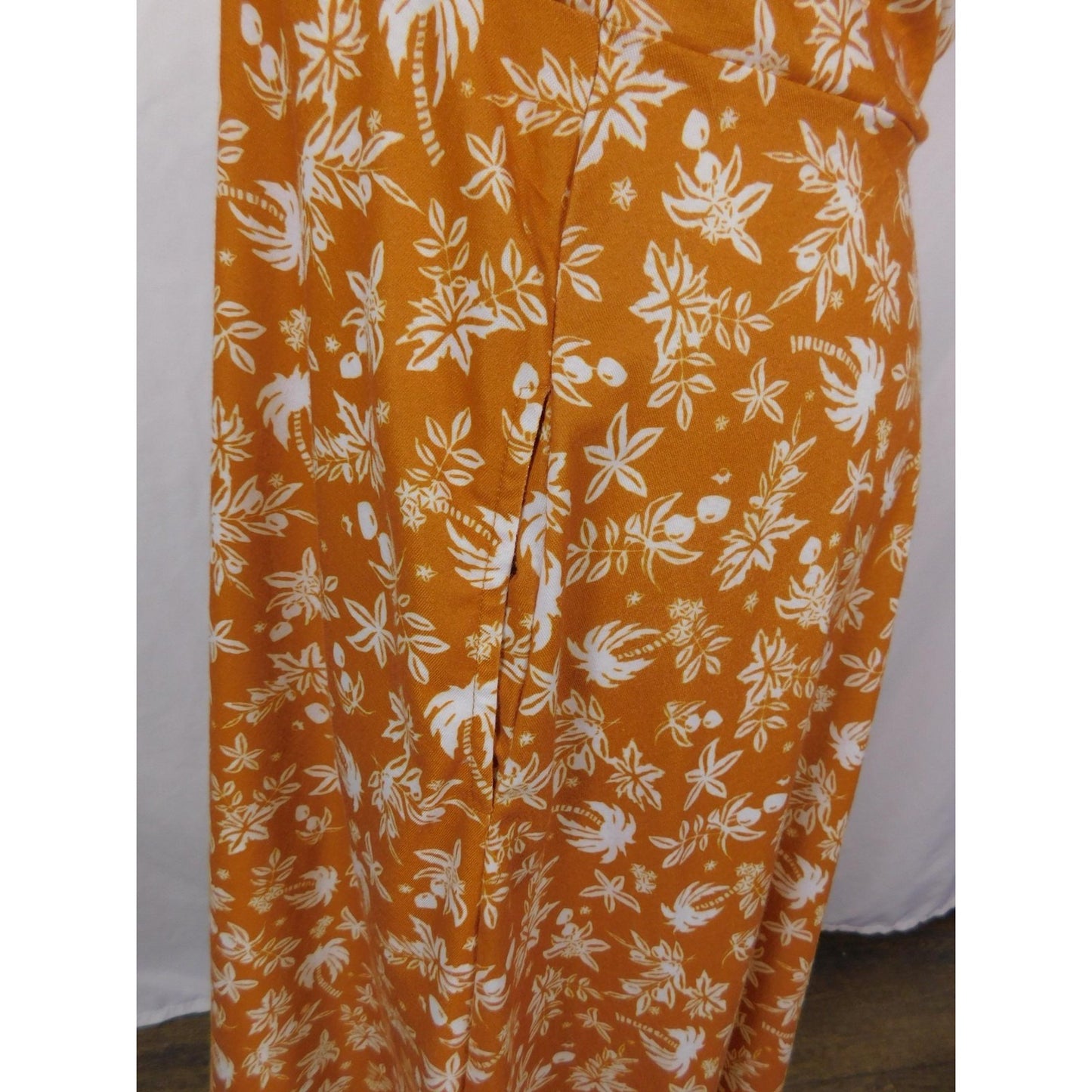 Huhot Dress Womens Large Orange White Halter Tie Back Floral Palm Print Midi