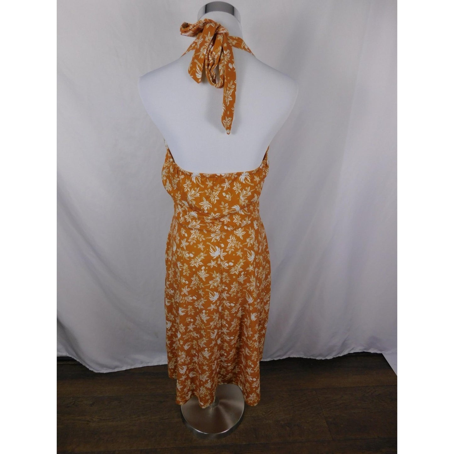 Huhot Dress Womens Large Orange White Halter Tie Back Floral Palm Print Midi