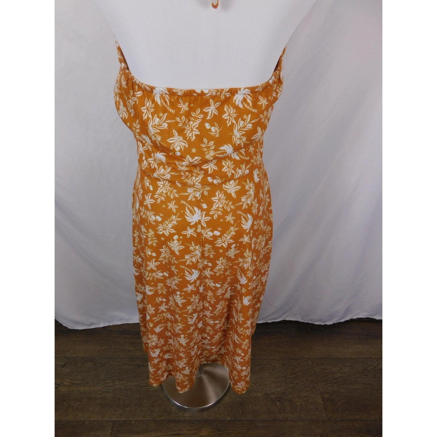 Huhot Dress Womens Large Orange White Halter Tie Back Floral Palm Print Midi