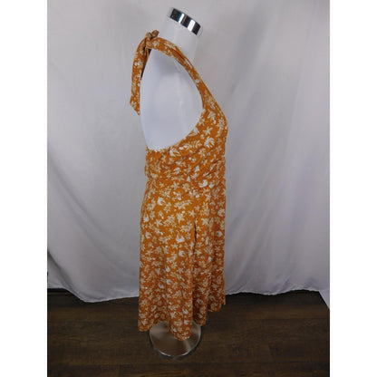 Huhot Dress Womens Large Orange White Halter Tie Back Floral Palm Print Midi