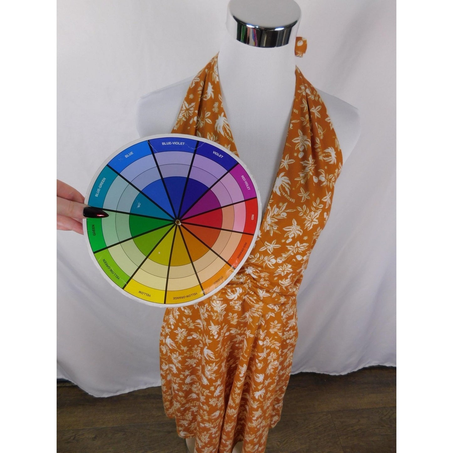 Huhot Dress Womens Large Orange White Halter Tie Back Floral Palm Print Midi