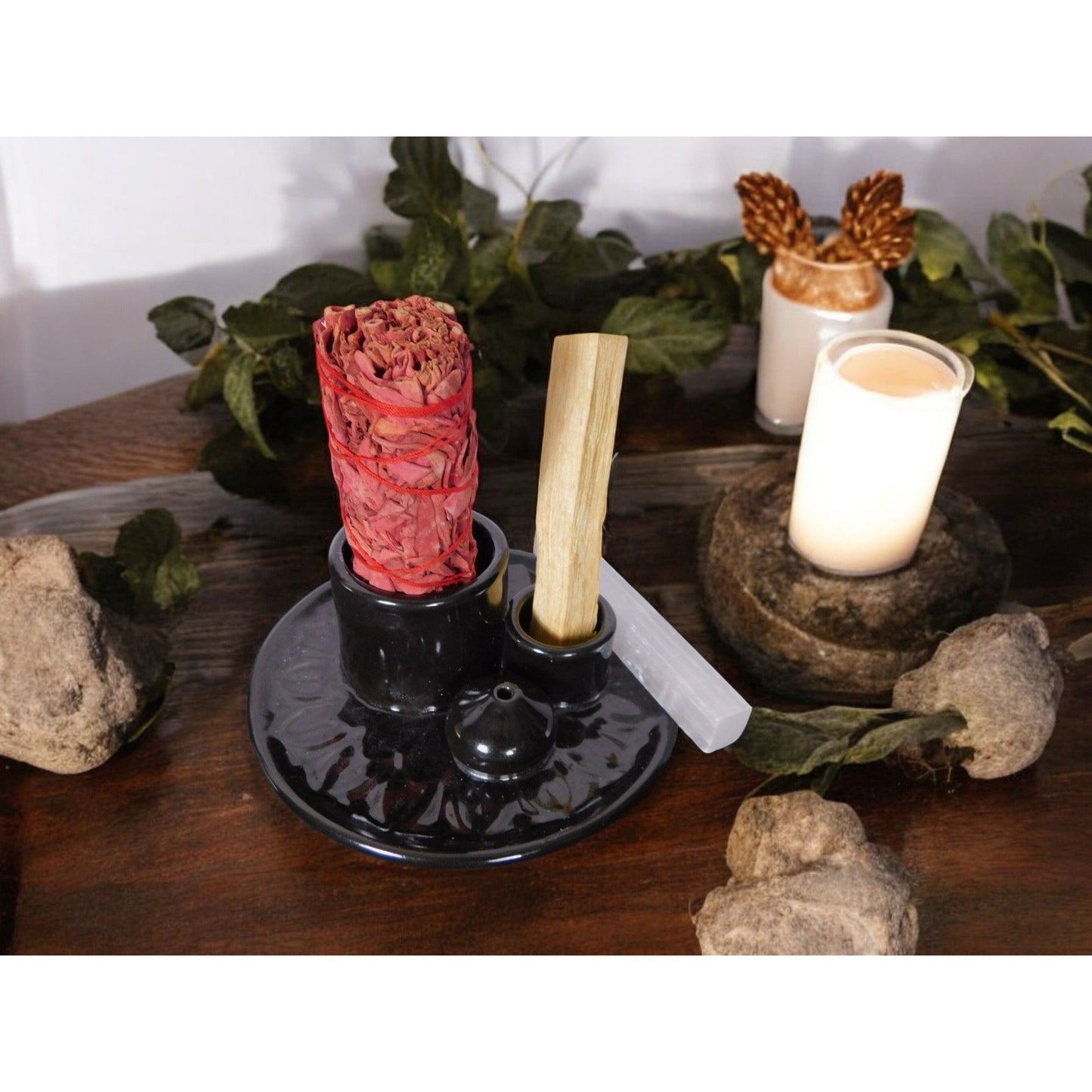 Black Ceramic Incense Holder Ash Catcher Altar Sage Smudge Bowl