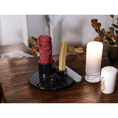 Black Ceramic Incense Holder Ash Catcher Altar Sage Smudge Bowl