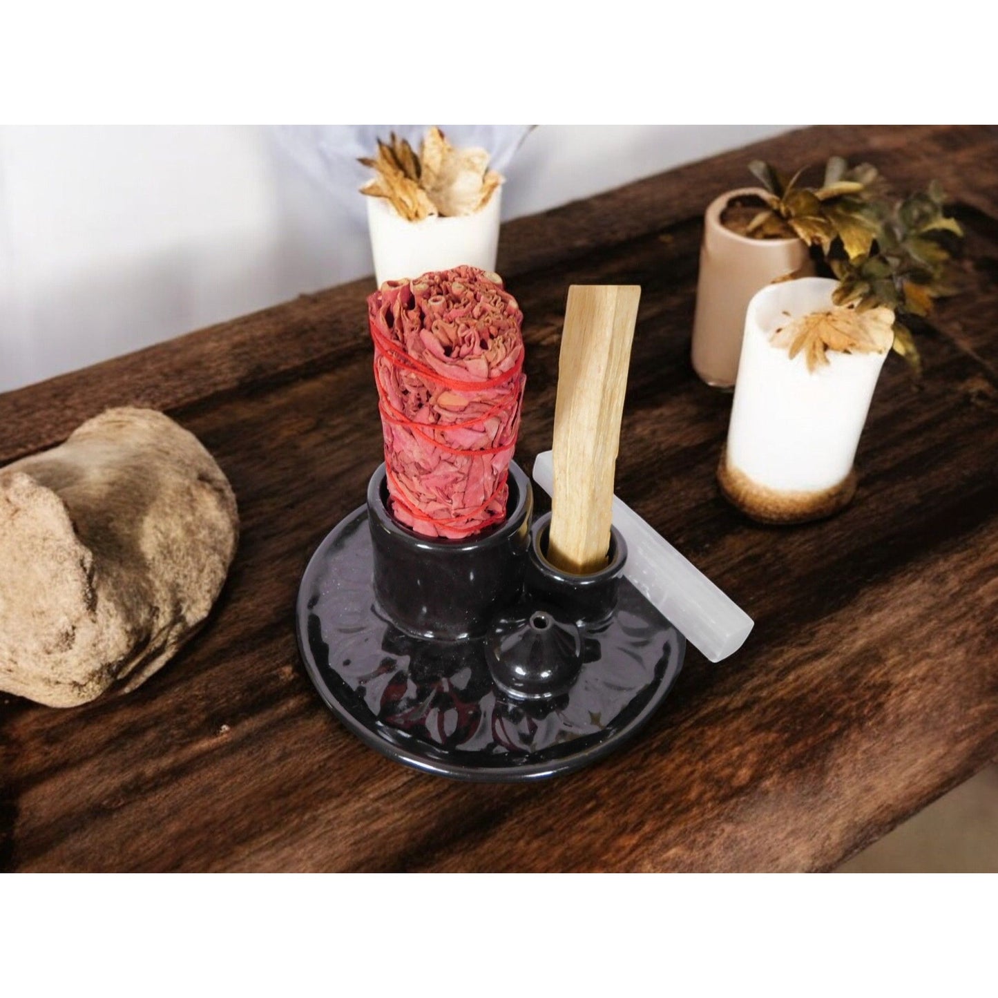 Black Ceramic Incense Holder Ash Catcher Altar Sage Smudge Bowl