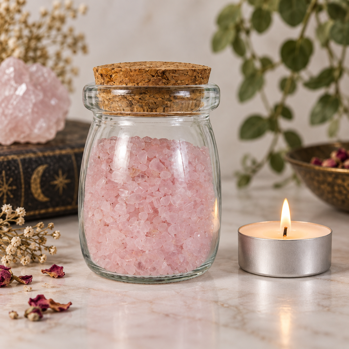 Rose Quartz Crystal Chips, 5 oz Glass Jar